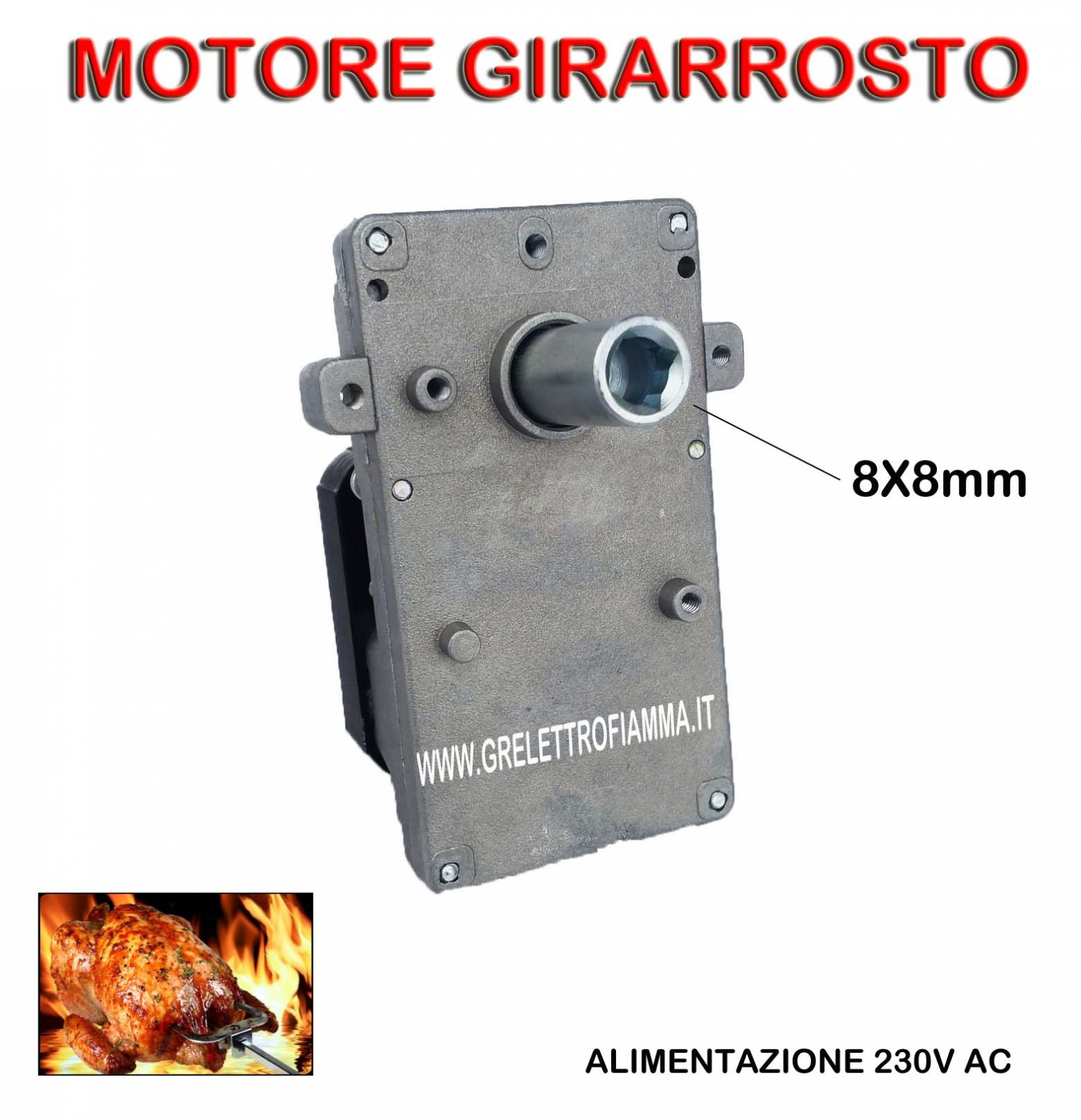 MOTORE MOTORIDUTTORE GIRARROSTO 23W 2RPM GRILL BARBECUE ASTA SPIEDO FORNO  8x8 copia