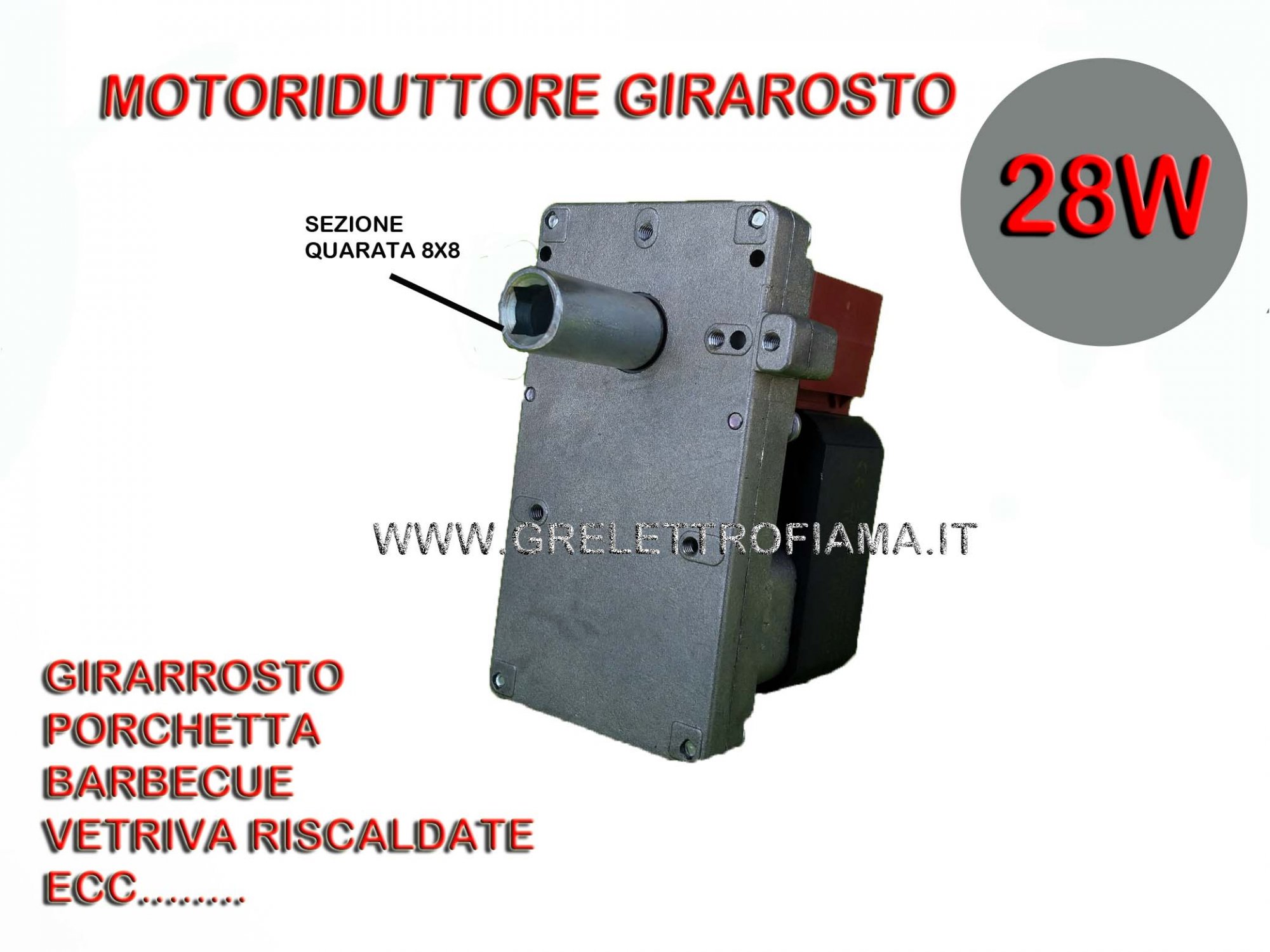 MOTORE MOTORIDUTTORE GIRARROSTO 28W 2-2.5RPM GRILL BARBECUE ASTA SPIEDO  FORNO 8x8