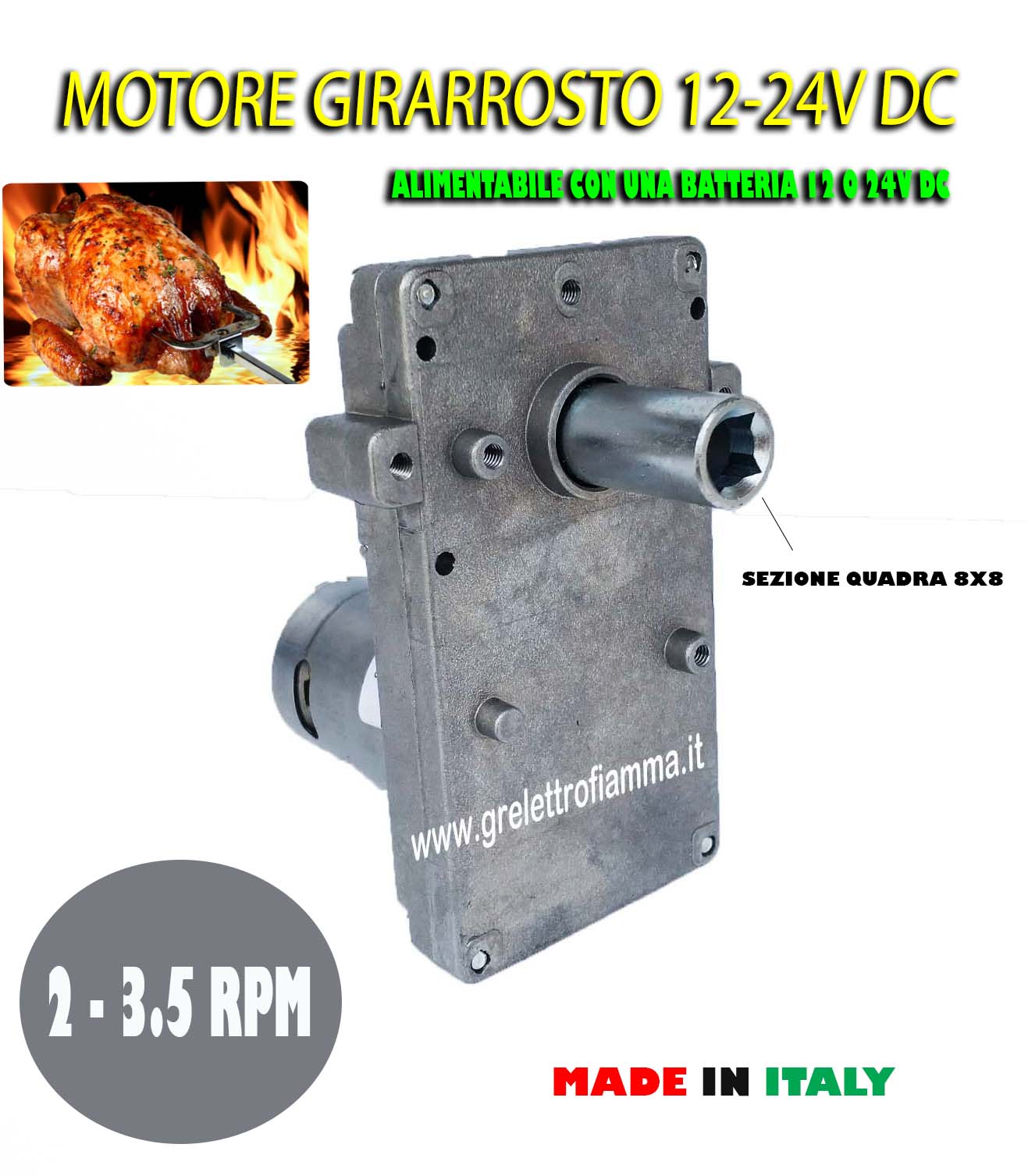 MOTORE MOTORIDUTTORE PER GIRARROSTO POTENTE 2-3,5RPM 12/24V DC BARBECUE  ASTA SPIEDO FORNO